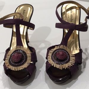 Kate Spade New York Purple Leather High Hills Sandals Straw Pront Set Stones